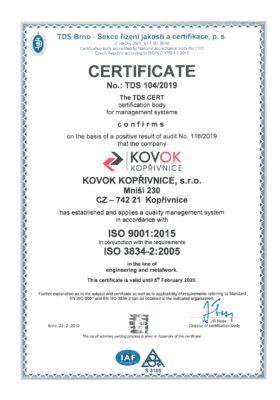 ISO 9001:2015 ČSN EN ISO 3834-2:2005 1 page - english