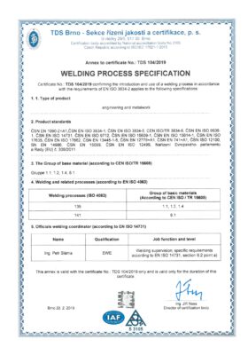 ISO 9001:2015 ČSN EN ISO 3834-2:2005 2 page - english